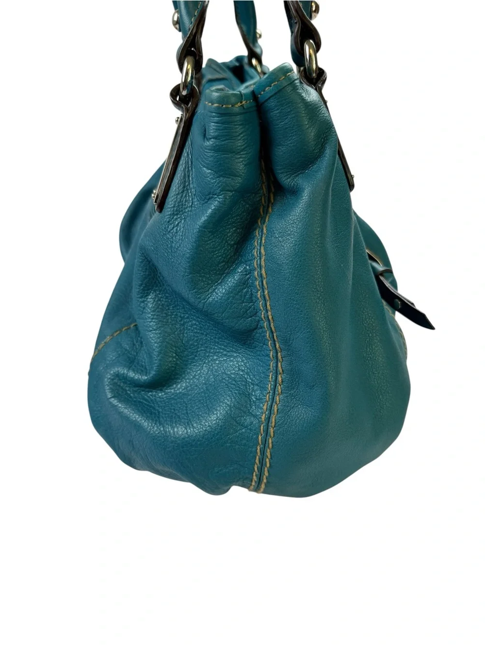 Tignanello Teal Blue Leather Shoulder Bag Silver Hardware Large Hobo Purse